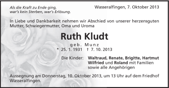 Traueranzeige von Ruth Kludt von Schwäbische Post