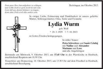 Traueranzeige von Lydia Wurm von Gmünder Tagespost