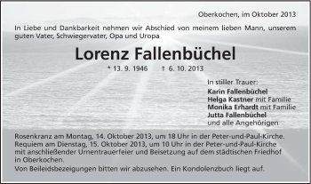 Traueranzeige von Lorenz Fallenbüchel von Schwäbische Post