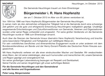 Traueranzeige von Hans Hopfensitz von 020