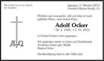 Traueranzeige von Adolf Ocker von Gmünder Tagespost