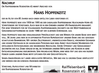 Traueranzeige von Hans Hopfensitz von Gmünder Tagespost