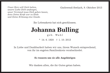 Traueranzeige von Johanna Bulling von Gmünder Tagespost