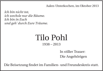 Traueranzeige von Tilo Pohl von Schwäbische Post