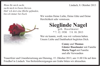 Traueranzeige von Sieglinde Nagel von Gmünder Tagespost