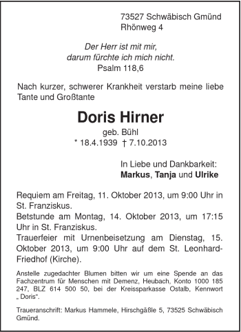 Traueranzeige von Doris Hirner von Gmünder Tagespost