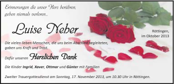 Traueranzeige von Luise Neher von Schwäbische Post