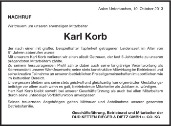 Traueranzeige von Karl Korb von Schwäbische Post