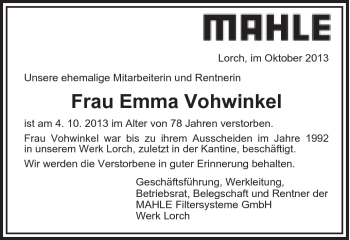 Traueranzeige von Emma Vohwinkel von Gmünder Tagespost