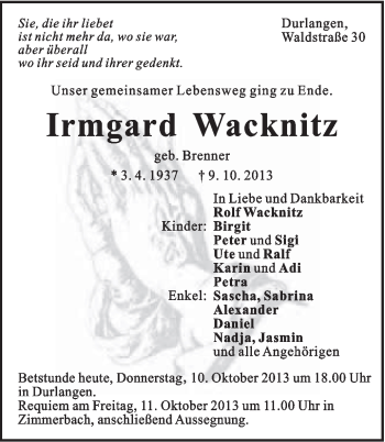 Traueranzeige von Irmgard Wacknitz von Gmünder Tagespost