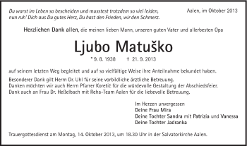 Traueranzeige von Ljubo Matusko von Schwäbische Post