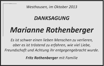 Traueranzeige von Marianne Rothenberger von Schwäbische Post