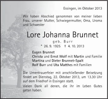Traueranzeige von Lore Johanna Brunnet von Schwäbische Post