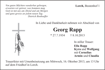 Traueranzeige von Georg Rapp von Gmünder Tagespost