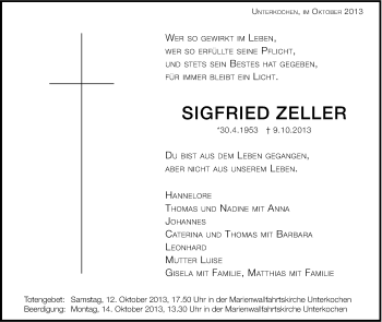 Traueranzeige von Sigfried Zeller von Schwäbische Post