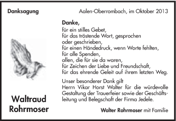 Traueranzeige von Waltraud Rohrmoser von Schwäbische Post