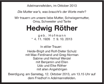 Traueranzeige von Hedwig Röther von Schwäbische Post