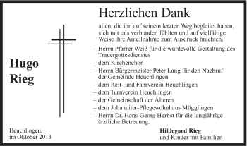 Traueranzeige von Hugo Rieg von Gmünder Tagespost