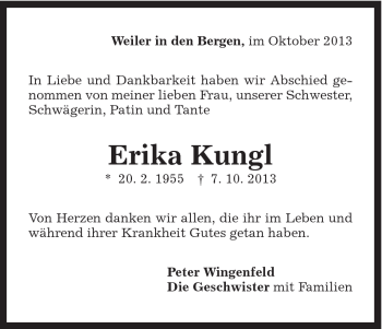 Traueranzeige von Erika Kungl von Gmünder Tagespost