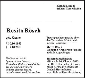 Traueranzeige von Rosita Rösch von Gmünder Tagespost