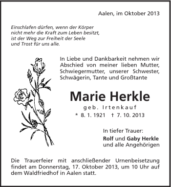 Traueranzeige von Marie Herkle von Schwäbische Post
