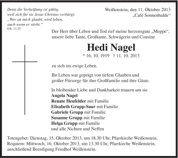 Traueranzeige von Hedi Nagel von Gmünder Tagespost