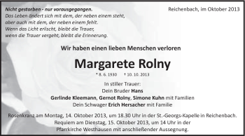 Traueranzeige von Margarete Rolny von Schwäbische Post