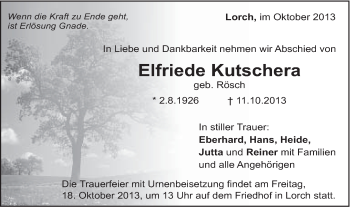 Traueranzeige von Elfriede Kutschera von Gmünder Tagespost