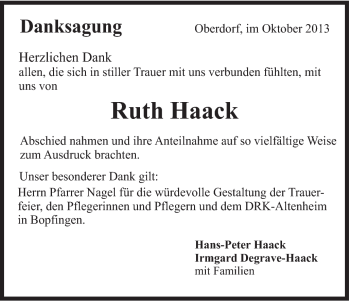 Traueranzeige von Ruth Haack von Schwäbische Post