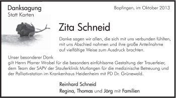 Traueranzeige von Zita Schneid von Schwäbische Post