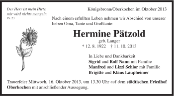 Traueranzeige von Hermine Pätzold von Schwäbische Post