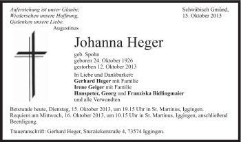 Traueranzeige von Johanna Heger von Gmünder Tagespost