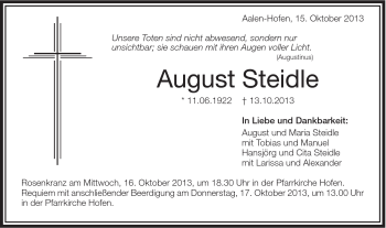 Traueranzeige von August Steidle von Schwäbische Post