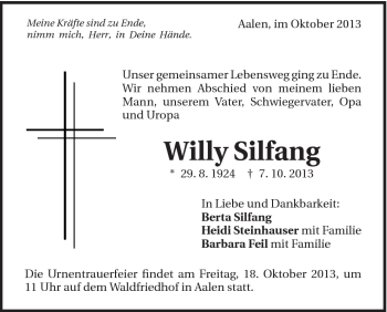 Traueranzeige von Willy Silfang von Schwäbische Post