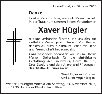 Traueranzeige von Xaver Hügler von Schwäbische Post