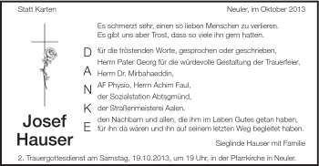 Traueranzeige von Josef Hauser von Schwäbische Post