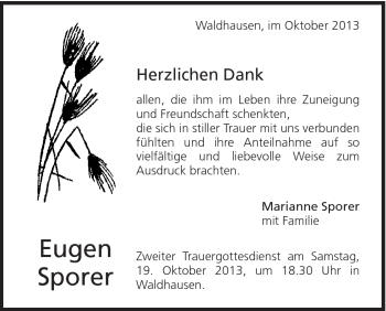 Traueranzeige von Eugen Sporer von Schwäbische Post