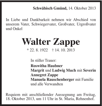 Traueranzeige von Walter Zappe von Gmünder Tagespost