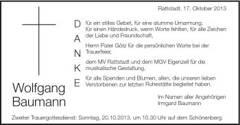 Traueranzeige von Wolfgang Baumann von Schwäbische Post