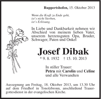 Traueranzeige von Josef Dibak von Gmünder Tagespost