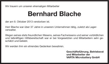 Traueranzeige von Bernhard Blache von Schwäbische Post