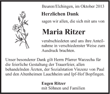 Traueranzeige von Maria Ritzer von Schwäbische Post