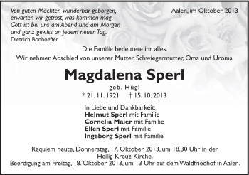 Traueranzeige von Magdalena Sperl von Schwäbische Post