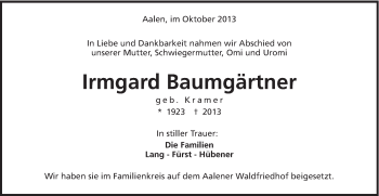 Traueranzeige von Irmgard Baumgärtner von Schwäbische Post