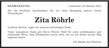 Traueranzeige von Zita Röhrle von Gmünder Tagespost