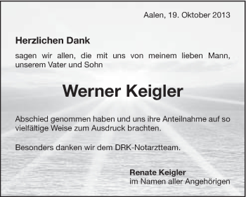 Traueranzeige von Werner Keigler von Schwäbische Post