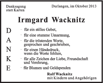 Traueranzeige von Irmgard Wacknitz von Gmünder Tagespost