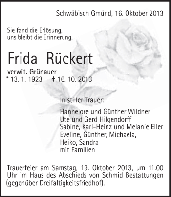 Traueranzeige von Frida Rückert von Gmünder Tagespost