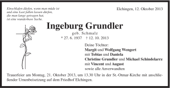 Traueranzeige von Ingeburg Grundler von Schwäbische Post