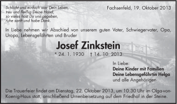 Traueranzeige von Josef Zinkstein von Schwäbische Post